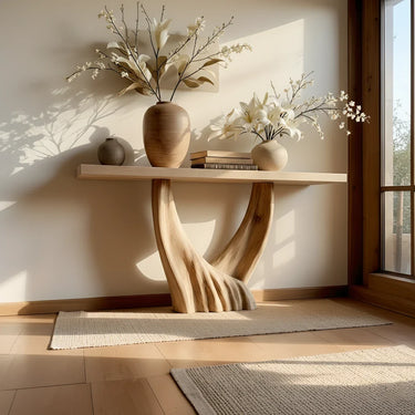 Carved Wood Console Table With Flowing Base for Soft Minimalism