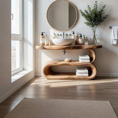 Curved Solid Wood Bathroom Vanity with Sculptural Modern Shelf