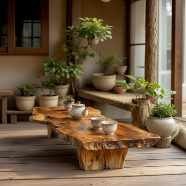 Handcrafted Solid Wood Tea Table with Live Edge and Rustic Block Base