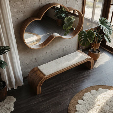 Curved Solid Wood Bench with Organic Modern Sculptural Design