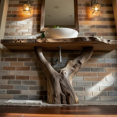 Live Edge Solid Wood Bathroom Vanity Rustic Tree Base Natural Wood Sink Console
