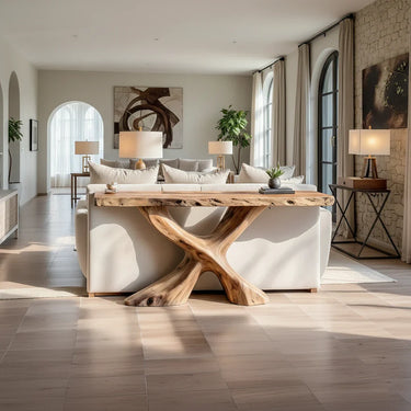 Live Edge Sofa Table With Sculptural Wood Base for Open Living