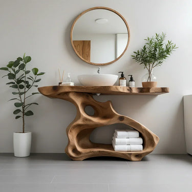 Live Edge Solid Wood Vanity with Sculptural Root Base