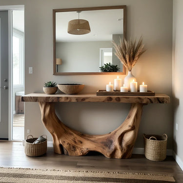 Rustic Solid Wood Console Table With Organic Base for Entryways