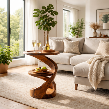 Twisted Wood Side Table with Dual Tier Serving Design