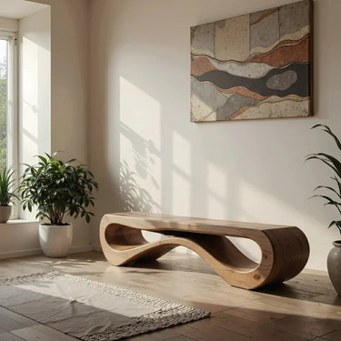 Organic Solid Wood Bench with Flowing Sculptural Design