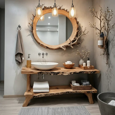 Live Edge Solid Wood Bathroom Vanity with Rustic Modern Shelf
