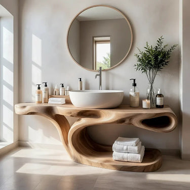 Sculptural Solid Wood Bathroom Vanity with Organic Curved Base