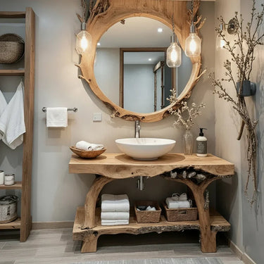 Live Edge Solid Wood Vanity with Natural Branch Base Design