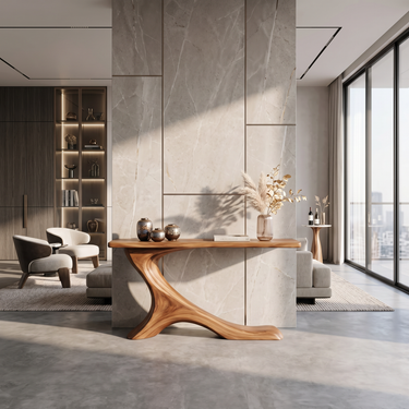Sculptural Solid Wood Console Table With Organic Pedestal Base