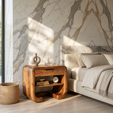Solid Wood Nightstand With Curved Open Shelf