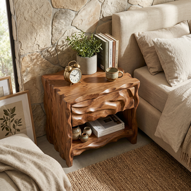 Carved Organic Nightstand With Drawer and Open Shelf in Natural Wood