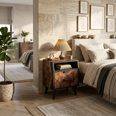 Modern Nightstand With Drawer Storage and Open Shelf in Natural Wood