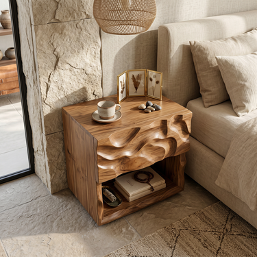 Modern Nightstand With Carved Front and Open Shelf in Natural Wood