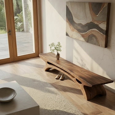 Sculptural Solid Wood Bench with Organic Curved Base