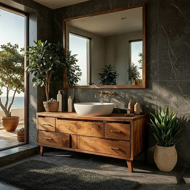 Mid Century Solid Wood Bathroom Vanity with Drawer Storage