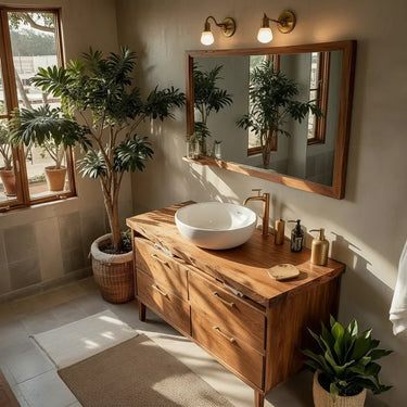 Modern Solid Wood Bathroom Vanity with Natural Grain Drawers