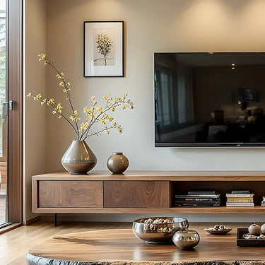 Solid Wood Low Media Console with Minimalist Modern Storage