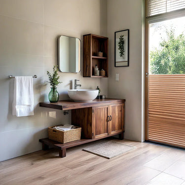 Rustic Solid Wood Bathroom Vanity with Cabinet and Open Shelf