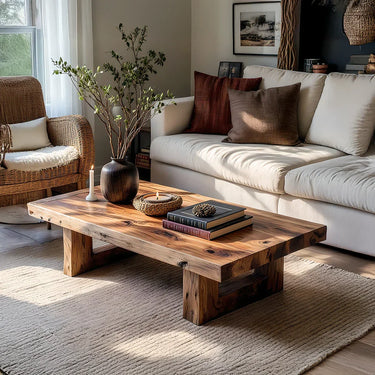 Handcrafted Solid Wood Coffee Table Rustic Low Block Center Table