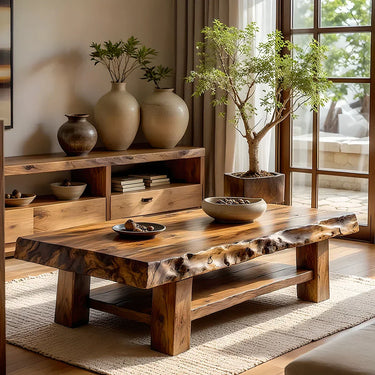 Solid Wood Coffee Table with Live Edge Top and Open Shelf Base