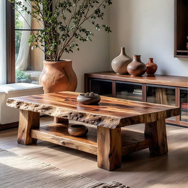 Live Edge Solid Wood Coffee Table with Lower Shelf and Rustic Frame