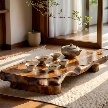 Organic Solid Wood Tea Table with Sculpted Base and Live Edge Form