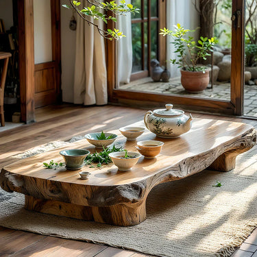 Low Solid Wood Tea Table with Natural Live Edge and Organic Base