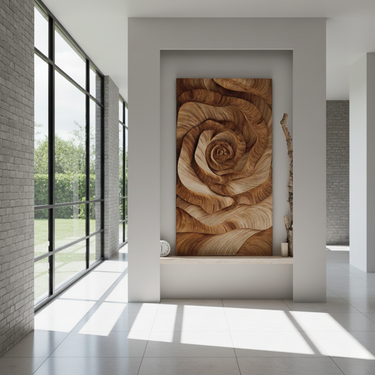 Floral Relief Wall Art Panel in Natural Wood Sculpture