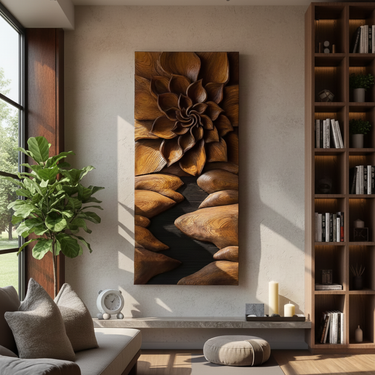 Carved Floral Wall Sculpture Panel in Natural Wood Relief
