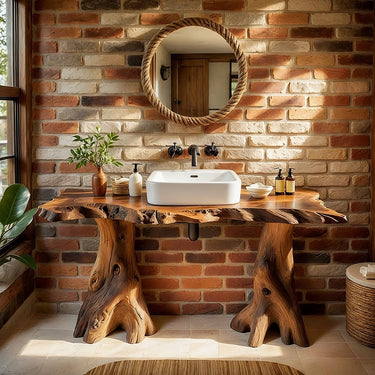 Double Tree Base Live Edge Wood Vanity Natural Solid Wood Bathroom Console