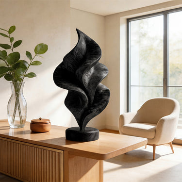 Abstract Leaf Form Sculpture in Natural Wood with Layered Curves