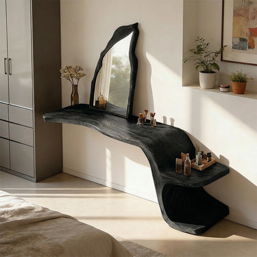Compact Makeup Vanity Table With Sculptural Base in Natural Wood