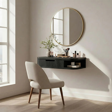 Floating Makeup Vanity Table With Drawer and Open Shelf in Natural Wood