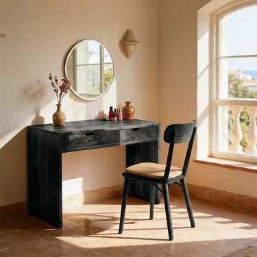 Minimal Makeup Vanity Table With Stool and Drawer Storage in Natural Wood
