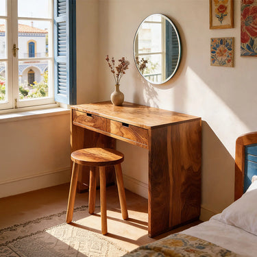 Minimalist Vanity Desk with Arched Mirror and Drawer Storage