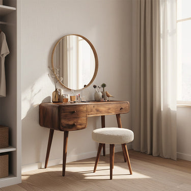 Mid-Century Vanity Desk with Rounded Edges and Drawer Storage