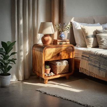 Solid Wood Curved Nightstand With Drawer And Open Storage Shelf