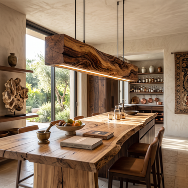 Wood Beam Pendant Light Sculptural Grain Dining Fixture
