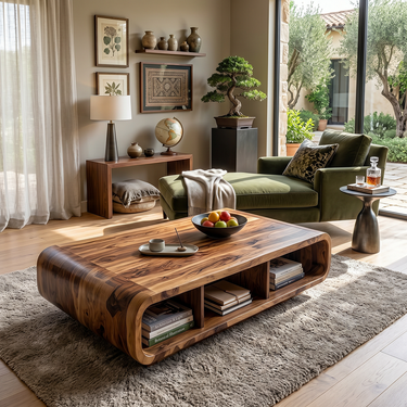 Live Edge Curved Wood Coffee Table with Open Shelf Storage
