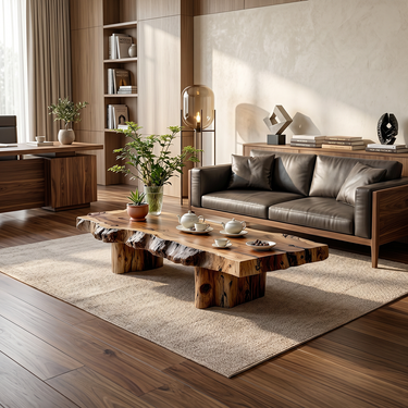 Live Edge Solid Wood Coffee Table with Rustic Block Base