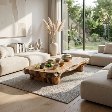 Low Solid Wood Tea Table with Natural Live Edge and Organic Base