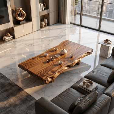 Low Profile Solid Wood Coffee Table with Live Edge and Rustic Base