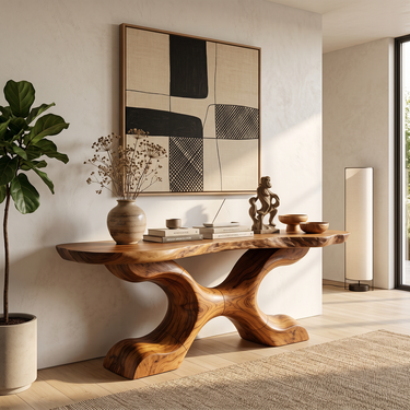 Organic Cross Curve Console Table with Sculptural Base