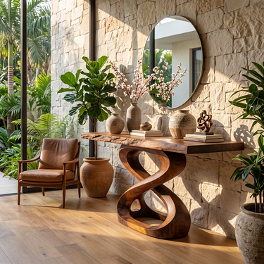 Sculptural Wood Console Table Twisted Base Organic Design