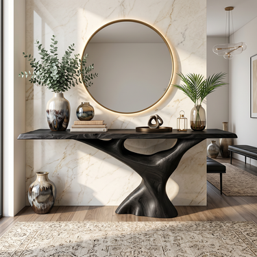 Artistic Wood Console Table With Sculpted Base for Entryway
