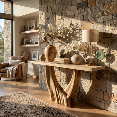 Carved Wood Console Table With Flowing Base for Soft Minimalism