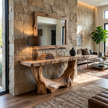 Rustic Solid Wood Console Table With Organic Base for Entryways