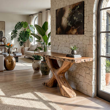 Live Edge Sofa Table With Sculptural Wood Base for Open Living