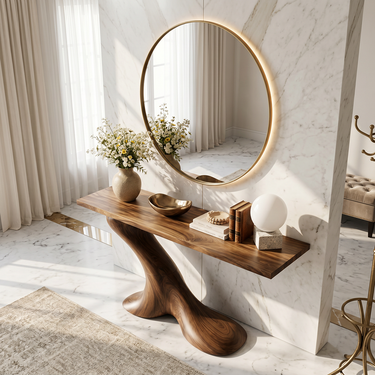 Ribbon Base Wood Console Table With Floating Top for Designer Entryways